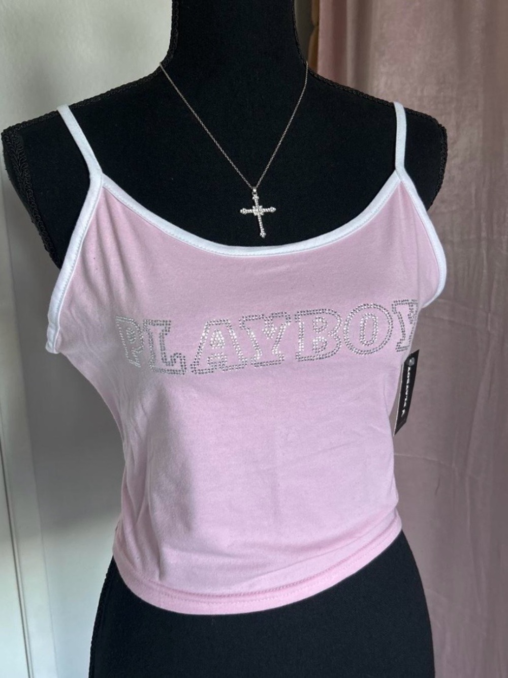 PLAYBOY Light Pink Rhinestone Logo Spaghetti Strap Crop Top